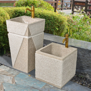 室外石头洗手盆落地庭院水池台盆一体户外石材水槽花园立柱洗手池