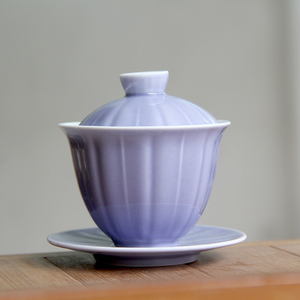 颜色釉盖碗茶杯单个陶瓷功夫茶具三才盖碗家用泡茶器烟紫条纹茶碗