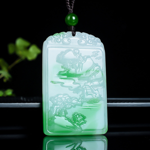 和田玉翠青玉山水玉牌子玉吊坠男招财转运翡翠色山水玉佩挂件项链