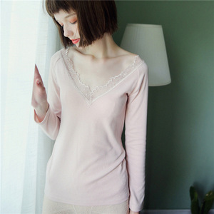性感v领内衣女士秋冬单件上衣显瘦蕾丝大v领柔软亲肤九分袖打底衫