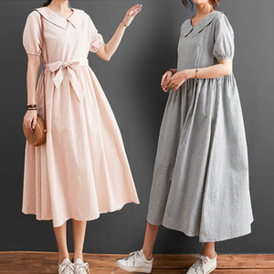 夏天纯棉连衣裙女2023中国风时尚细格中长款蓬蓬娃娃裙子夏装长裙