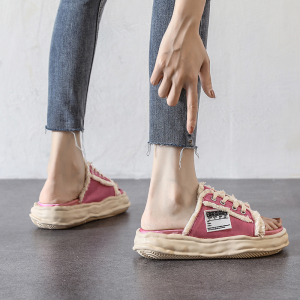 乞丐半拖鞋女夏季外穿2022新款溶解厚底一字拖绸缎系带露趾凉拖鞋