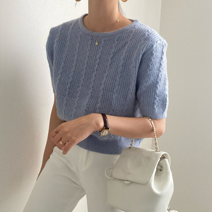 韩国chic春季上衣短款小众设计感纯色圆领复古麻花短袖针织毛衣女