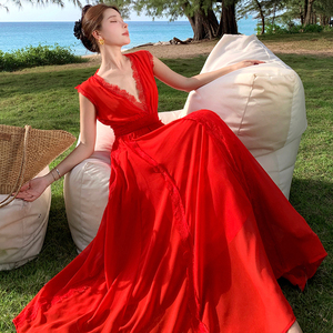 仙气红色无袖连衣裙蕾丝拼接大摆长裙到脚踝掐腰高级