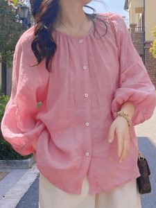 韩国ins苎麻八分袖圆领粉色衬衫女2024夏新款灯笼袖慵懒甜美上衣