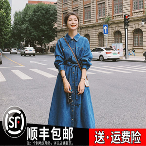 港风复古牛仔衬衫裙女2024春秋季新款设计感收腰显瘦中长款连衣裙