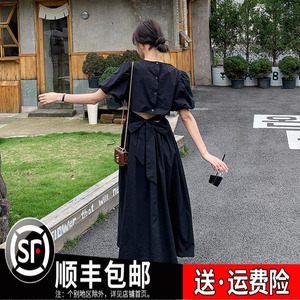 韩系黑色V领显瘦连衣裙后背绑带露腰小众设计时尚泡泡袖长裙女夏