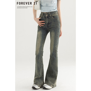 Forever21 美式复古蓝高腰微喇叭裤女新款撞色显瘦拖地牛仔长裤子