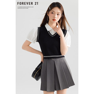 Forever21 韩版黑色Polo领马甲针织衬衫女假两件别致衬衣短款上衣