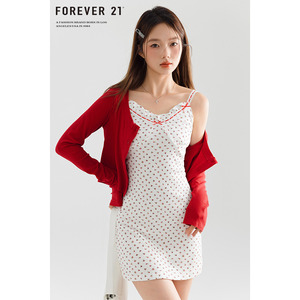 Forever21 套装女韩系设计感蝴蝶结吊带连衣裙红色针织开衫两件套