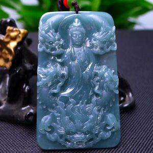 缅甸天然a货翡翠玉石带证玉器-冰润老种蓝水双面精雕九龙观音吊坠