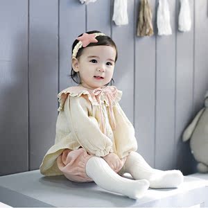 婴儿套装春秋新款0-2岁女宝宝纱布纯棉长袖上衣大PP裤两件套