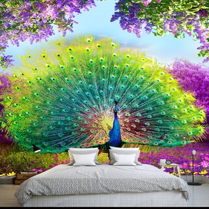 定制大型壁画孔雀主题酒店宾馆床墙纸个性壁纸墙布壁布背景墙画