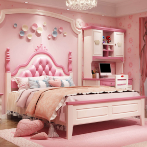 儿童床女孩单人床1.5米粉色公主床小孩床儿童房家具组合套装卧室