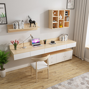 挂墙书桌书架一体组合壁挂式简约书台卧室家用悬空妆台电脑桌定制