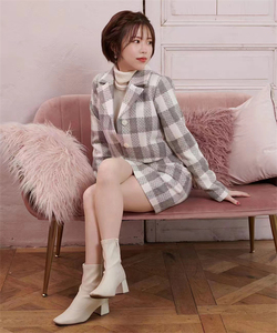 imyuu日单冬 时尚甜美格子翻领单排扣呢子西装外套+高腰短裙套装