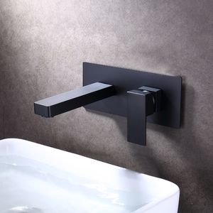 德国当代暗装黑色嵌入墙式洗脸面盆拉丝金色水龙头冷热墙排墙出