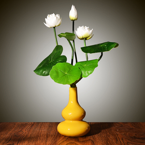 宝葫芦陶瓷花瓶佛堂仿真荷花莲花供佛装饰花中式客厅家居观赏摆件