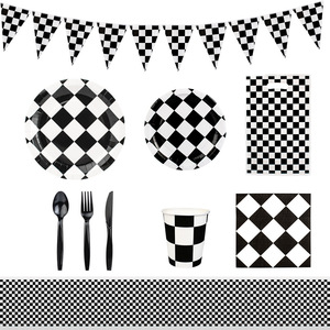 一次性餐盘纸杯餐具黑白格子桌布生日派对装饰场景布置户外赛车旗