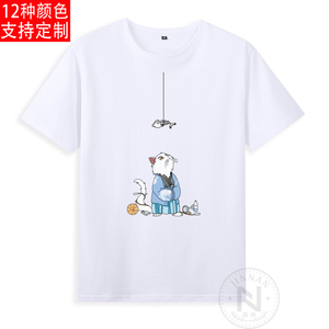 纯棉卡通可爱小动物小猫咪吃鱼骨头短袖T恤成人衣服有儿童装