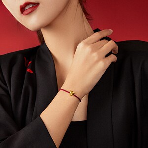 周大生 黄金硬金转运珠女牛魔王牛年生肖牛本命年手链红绳男女款