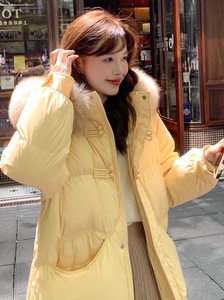 中式黄色羽绒棉服女冬季宽松保暖连帽中长款棉衣外套今年流行爆款