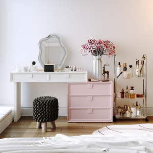 浅粉色三斗柜梳妆台一体抽屉式收纳柜多层实木卧室奶油风化妆桌