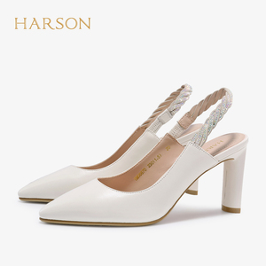 哈森正品女鞋新款羊皮包头粗高跟凉鞋女优雅通勤后空单鞋HM06670