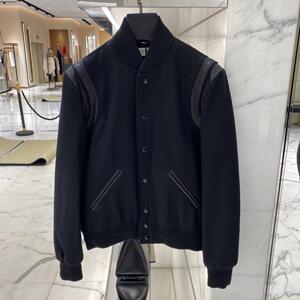 代购ysl/圣罗兰棒球服2021新款黑色新羊毛拼接slp绿色夹克男女