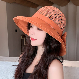 夏季新款布帽沿蝴蝶结渔夫帽大沿遮阳防晒旅游沙滩帽子遮脸盆帽女