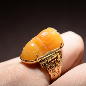 高品全玉种 彩石仙谷 正宗新疆和田玉黄沁籽料貔貅戒指男女款18号