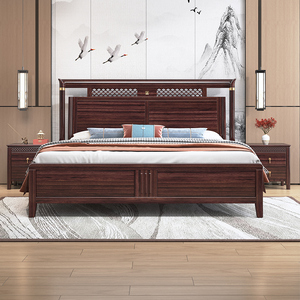 新中式实木床家用主卧双人床1.8m1.5米高端轻奢储物乌金木色家具