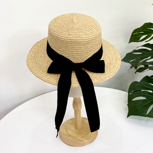 拉菲草帽平顶女2021新款清新文艺蝴蝶结遮阳帽平檐夏季出游度假