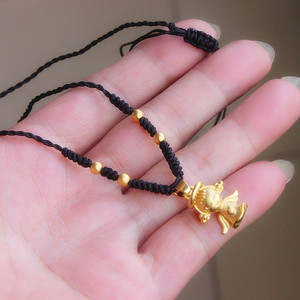 纯手工编织黑绳转运珠项链镀黄金天使吊坠大人小孩可爱小众毛衣链