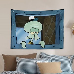 可爱搞怪章鱼哥海绵宝宝卡通挂布卧室墙面装饰创意背景布挂毯定制