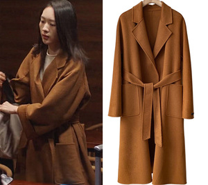 顾佳三十而已同款水波纹焦糖色双面羊绒大衣女2021年新款高端外套