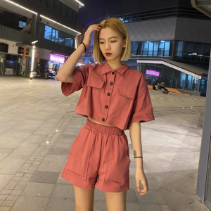 精神小妹套装小个子网红工装短袖上衣宽松休闲大口袋短裤两件套夏