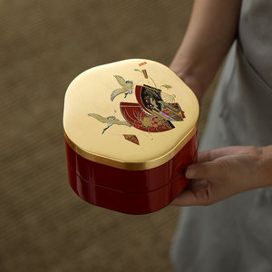 日本进口山中漆器金箔秋草双层点心食盒日式寿司收纳盒婚嫁乔迁礼