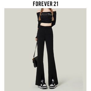 Forever 21黑色微喇叭开叉西装裤女高腰美式小个子显瘦垂感九分裤