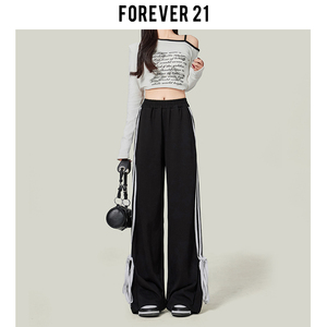 Forever 21美式绑带侧条纹休闲裤女设计感高腰阔腿裤运动拖地裤子