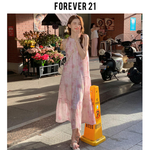 Forever 21法式粉色碎花挂脖无袖连衣裙女度假沙滩仙女吊带长裙子