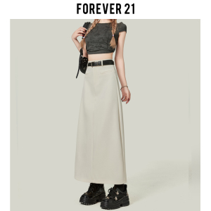 Forever21杏色西装半身裙女白色后开叉直筒裙高腰中长一步A字裙子