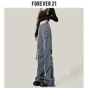 Forever 21高腰灰色微喇工装裤女款小个子牛仔裤女秋冬款喇叭裤子