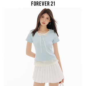 Forever21纯欲浅蓝色蝴蝶结假两件短袖t恤女春夏款木耳边正肩上衣