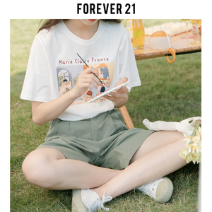 Forever21休闲减龄白色印花圆领短袖T恤女款宽松甜美百搭正肩上衣
