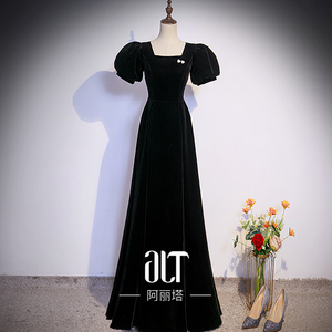 黑色晚礼服2022新款高端丝绒主持人宴会长裙气质简约显瘦艺考礼服