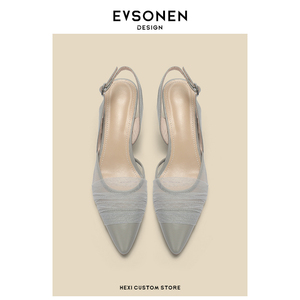 【Evsonen】气质网纱尖头浅口后空包头一字带凉鞋女细跟高跟鞋女