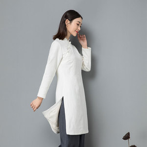 白色禅茶服秋装女仙气佛系衣服茶艺师旗袍式禅意秋冬中国风居士服