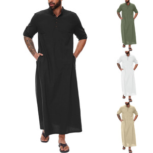中东迪拜长袍衫男士夏季短袖V领纯色棉麻大码外穿巴服中长款男装