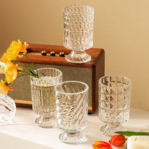 北欧轻奢透明高脚水晶杯玻璃花瓶摆件客厅插花桌面网红水培鲜花器